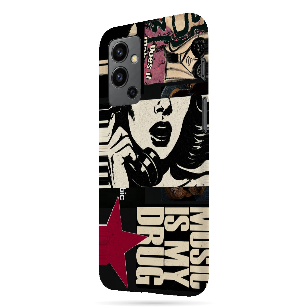 Pop Art Music Collage 3D Print OnePlus Nord 2 Phone Case, right-side view; graphic female portraits and bold music-inspired lettering in cream, black and pink