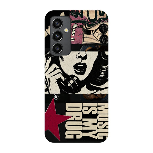 Pop Art Music Collage 3D Print Samsung S23 FE Phone Case, back view; graphic female portraits and bold music-inspired lettering in cream, black and pink