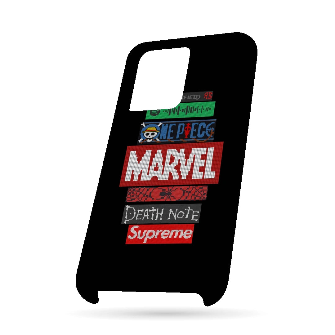 Pop Culture Logo Stack 3D Print OnePlus 10T Phone Case, bottom view; stacked pop-culture logos and lettering on a black background