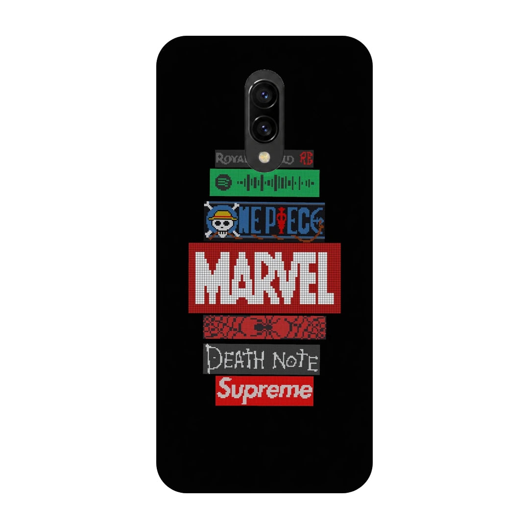 Pop Culture Logo Stack 3D Print OnePlus 7 Phone Case, back view; stacked pop-culture logos and lettering on a black background