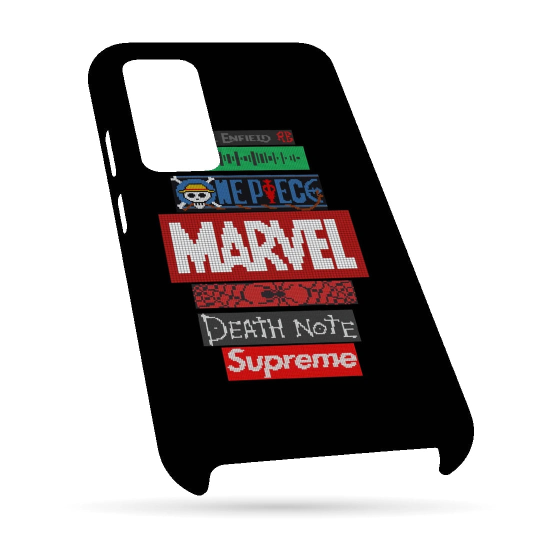 Pop Culture Logo Stack 3D Print OnePlus 9 Phone Case, bottom view; stacked pop-culture logos and lettering on a black background