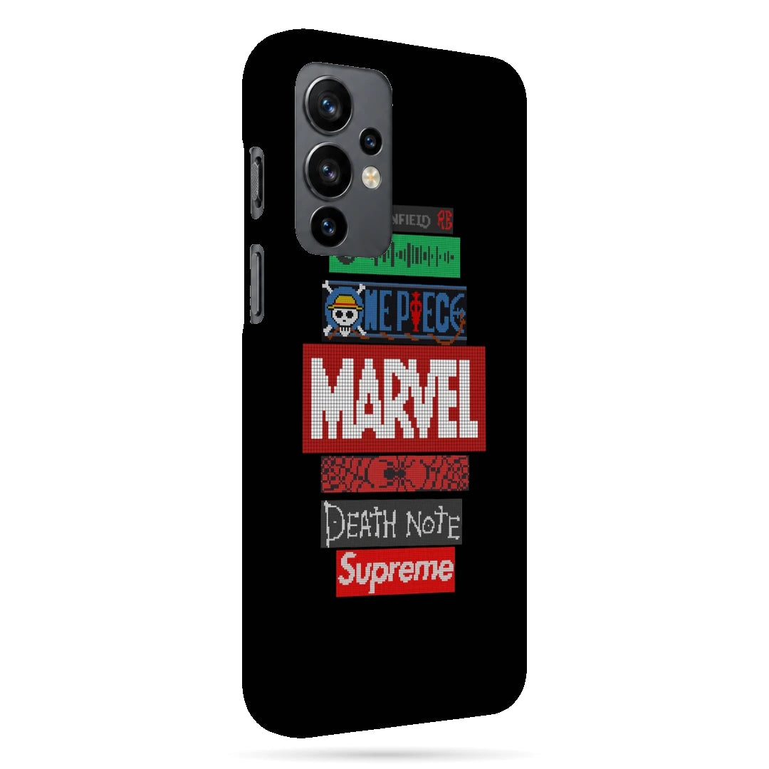 Pop Culture Logo Stack 3D Print OnePlus 9 Phone Case, right-side view; stacked pop-culture logos and lettering on a black background