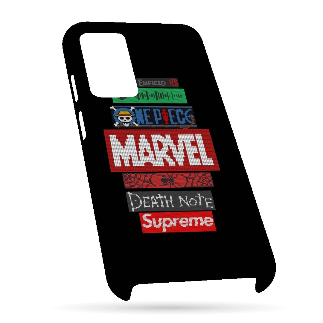 Pop Culture Logo Stack 3D Print OnePlus Nord CE 2 Lite Phone Case, bottom view; stacked pop-culture logos and lettering on a black background