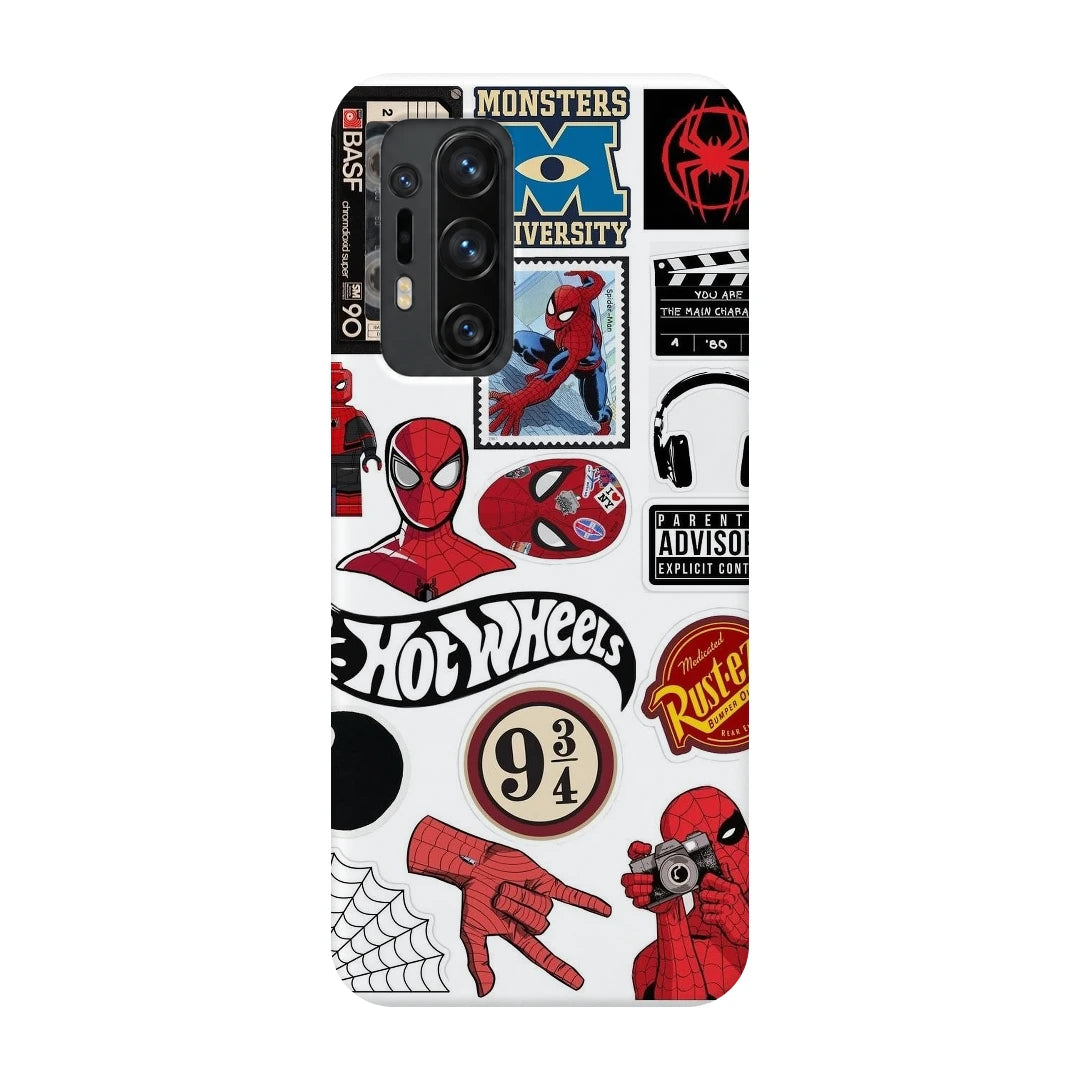 Pop Culture Sticker Mix 3D Print OnePlus 8 Pro Phone Case, back view; a white-background sticker collage with cartoon, comic and pop-culture graphics