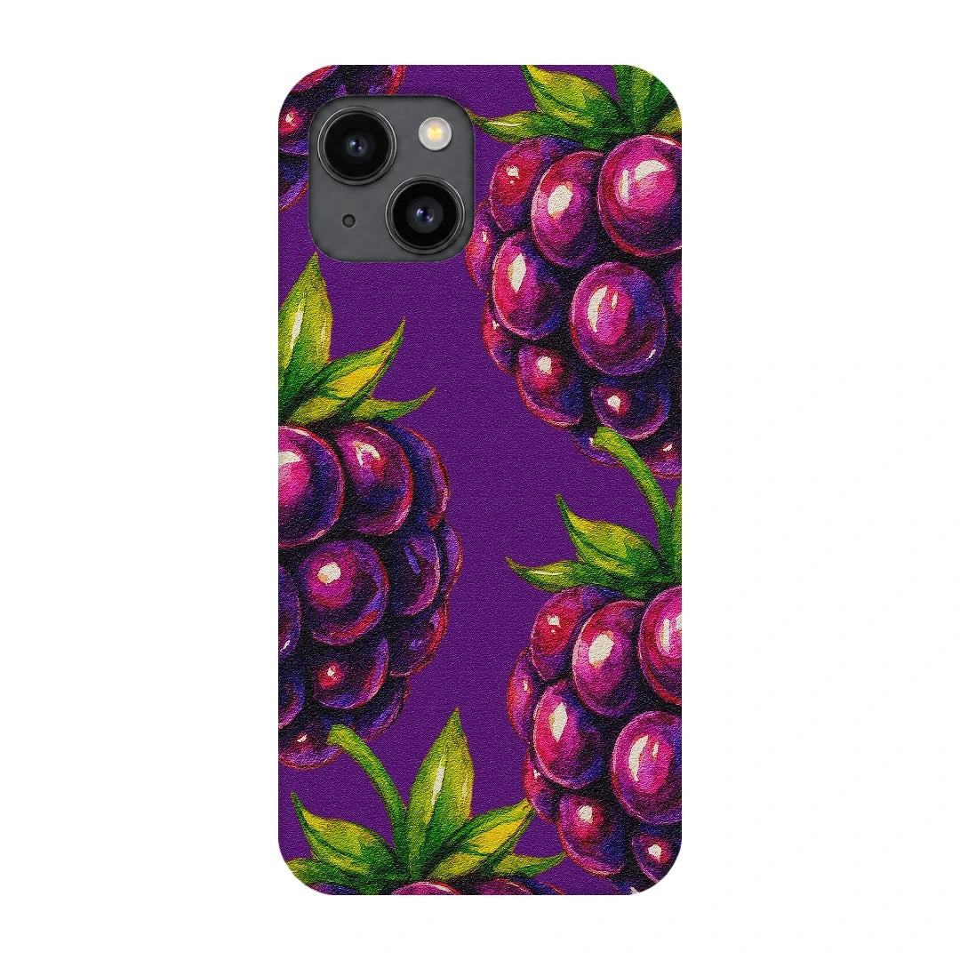 Purple Berry Pop 3D Print iPhone 14 Phone Case, back view; clusters of purple berries and green leaves on a violet background