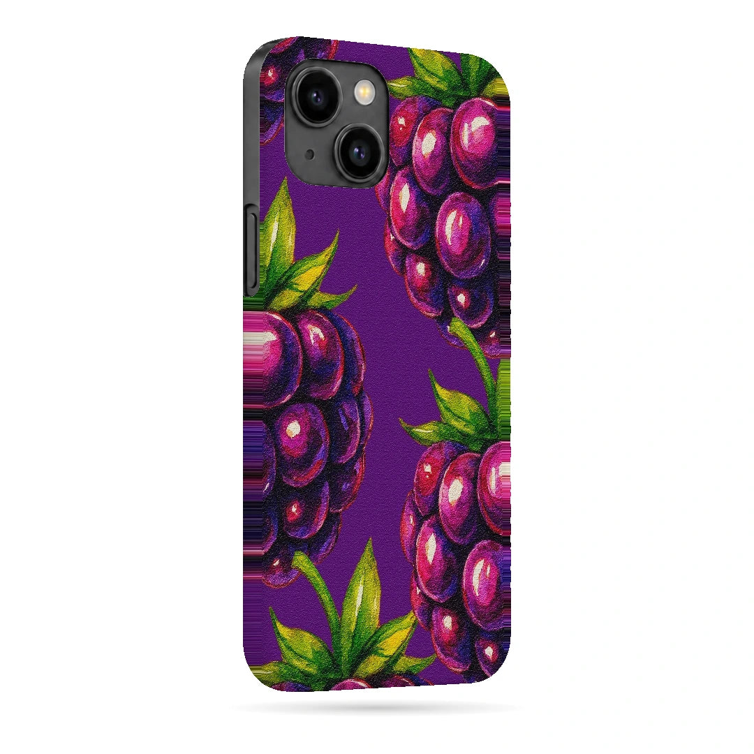 Purple Berry Pop 3D Print iPhone 14 Phone Case, right-side view; clusters of purple berries and green leaves on a violet background