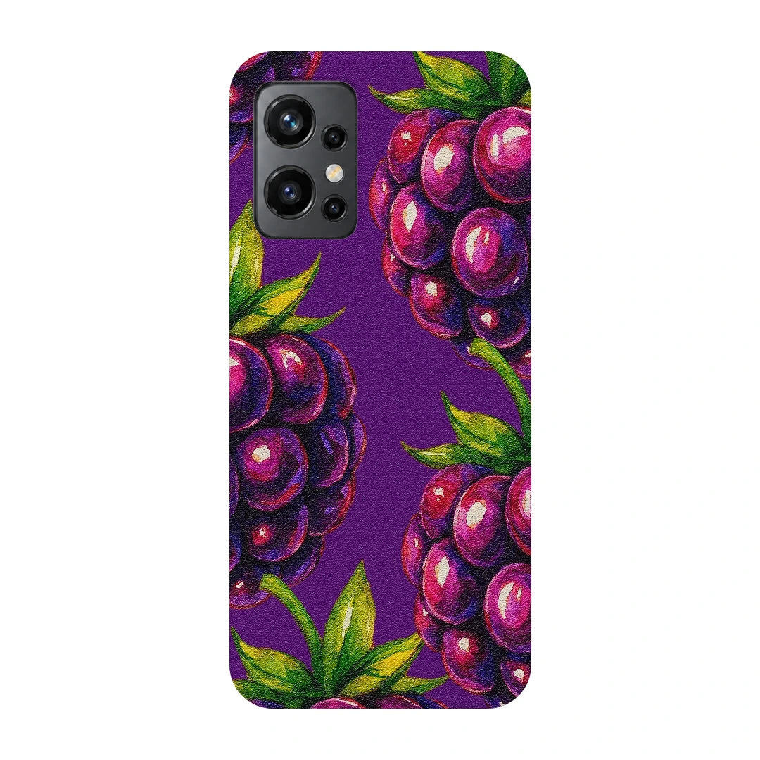 Purple Berry Pop 3D Print OnePlus 9R Phone Case, back view; clusters of purple berries and green leaves on a violet background