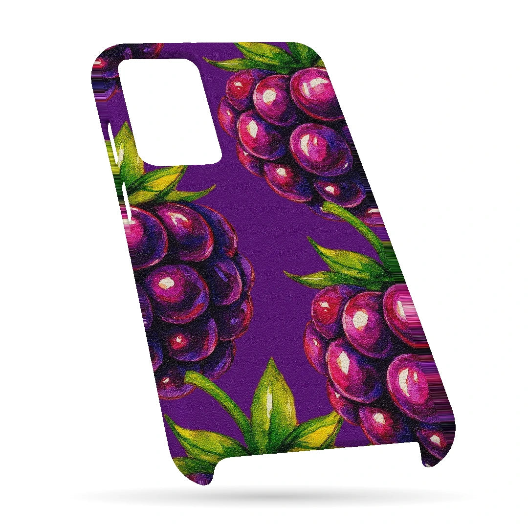 Purple Berry Pop 3D Print OnePlus 9R Phone Case, bottom view; clusters of purple berries and green leaves on a violet background