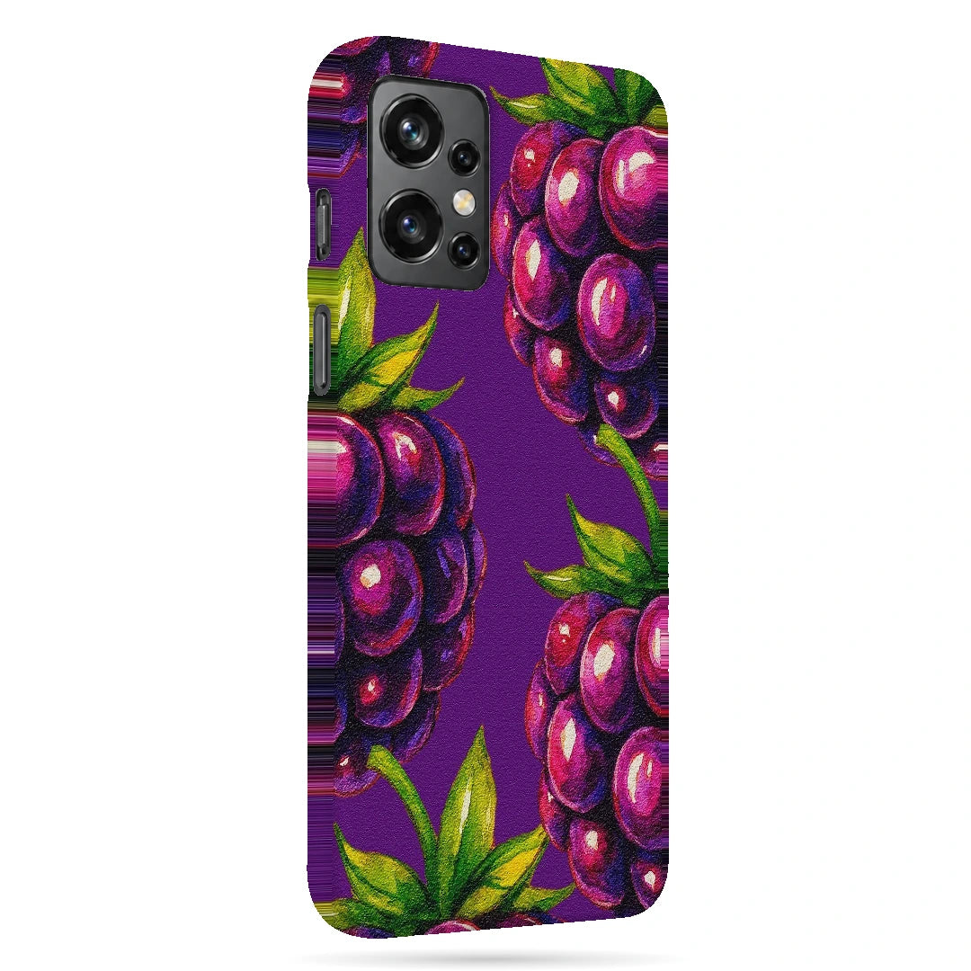 Purple Berry Pop 3D Print OnePlus 9R Phone Case, right-side view; clusters of purple berries and green leaves on a violet background