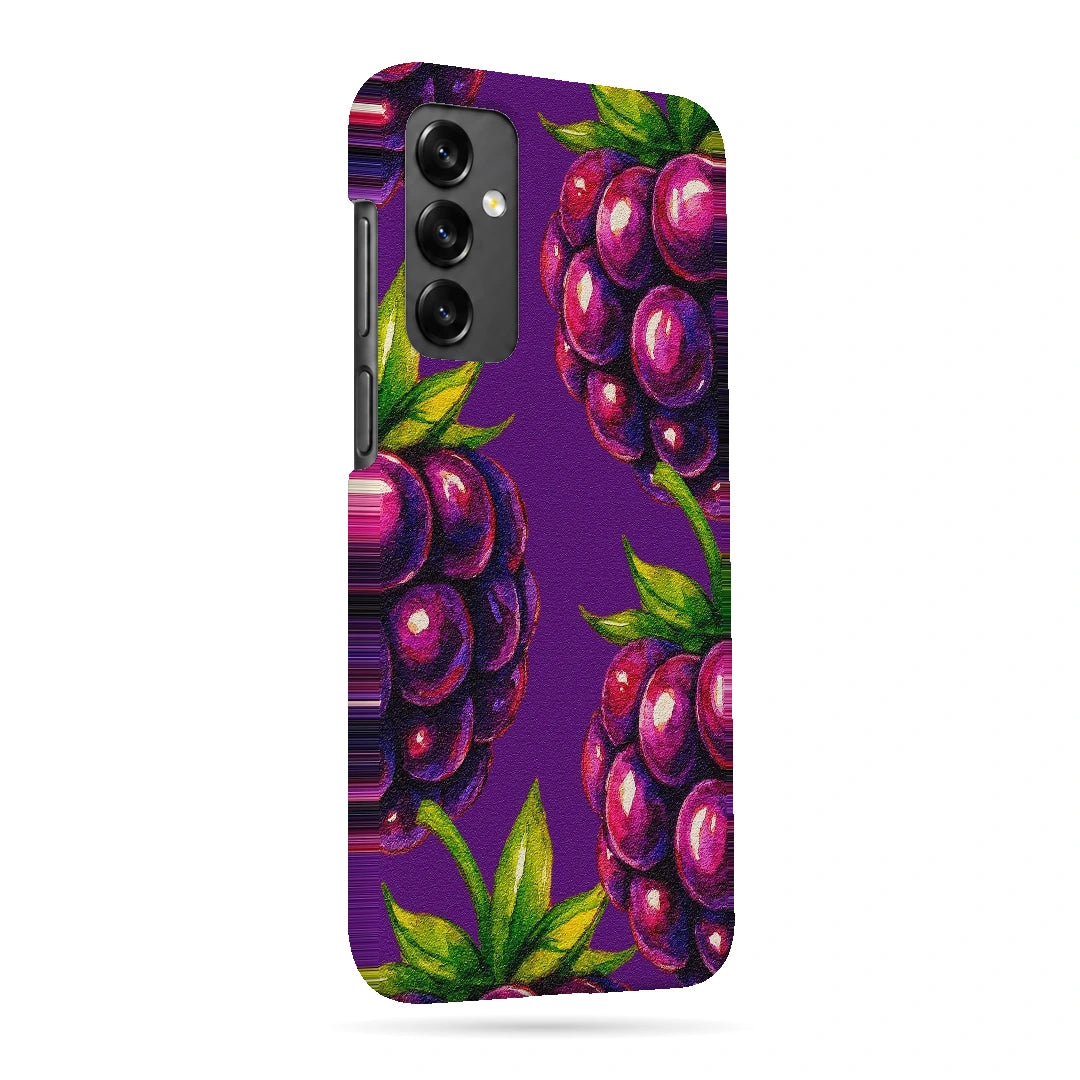Purple Berry Pop 3D Print Samsung A13 5G Phone Case, right-side view; clusters of purple berries and green leaves on a violet background
