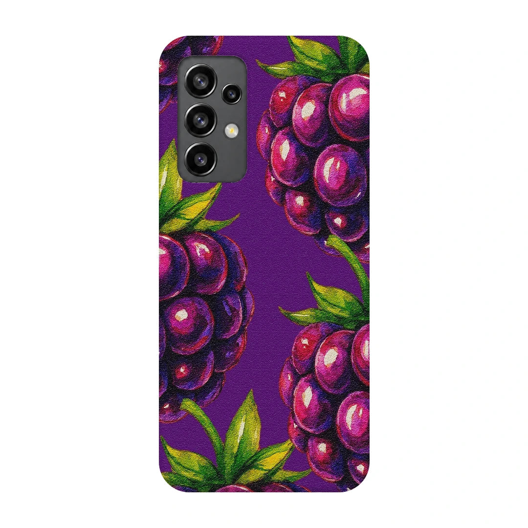 Purple Berry Pop 3D Print Samsung A32 4G Phone Case, back view; clusters of purple berries and green leaves on a violet background