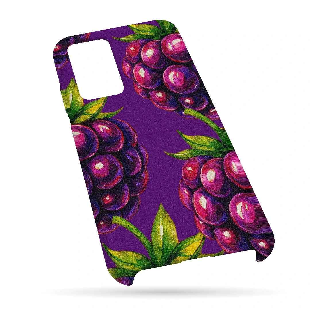 Purple Berry Pop 3D Print Samsung A32 4G Phone Case, bottom view; clusters of purple berries and green leaves on a violet background