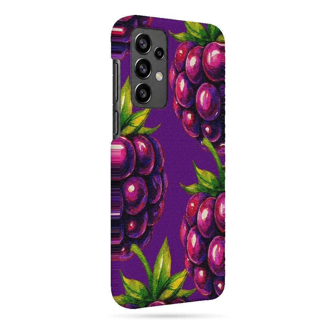 Purple Berry Pop 3D Print Samsung A32 4G Phone Case, right-side view; clusters of purple berries and green leaves on a violet background