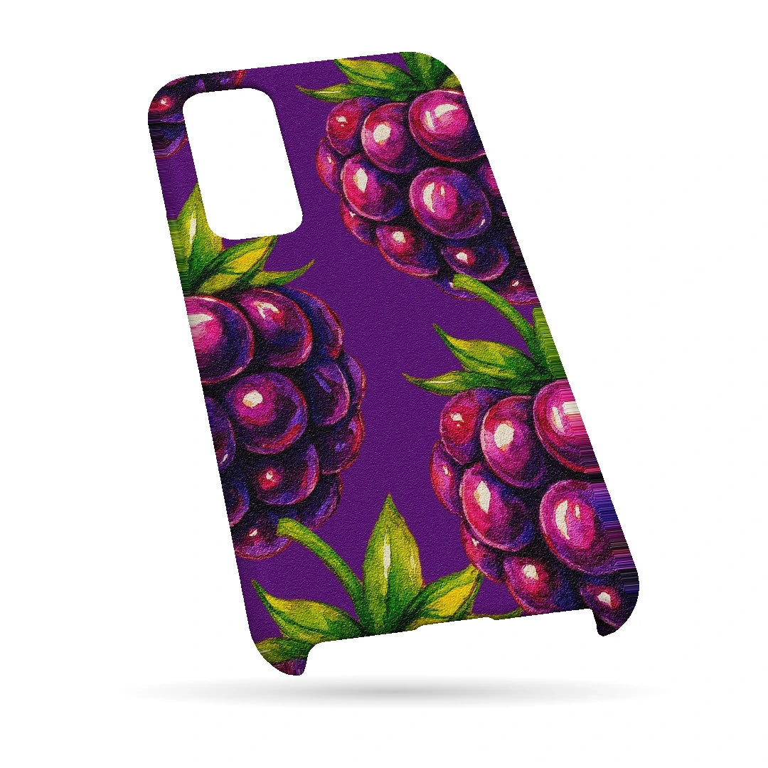Purple Berry Pop 3D Print Samsung A34 5G Phone Case, bottom view; clusters of purple berries and green leaves on a violet background