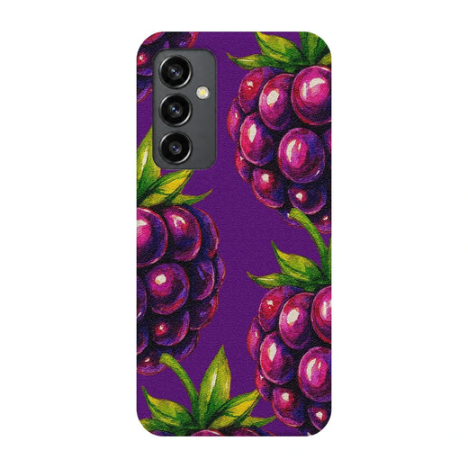 Purple Berry Pop 3D Print Samsung S23 FE Phone Case, back view; clusters of purple berries and green leaves on a violet background