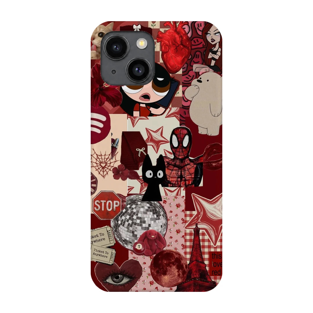 Red Comic Moodboard 3D Print iPhone 14 Phone Case, back view; red and cream comic graphics, character illustrations and collage details