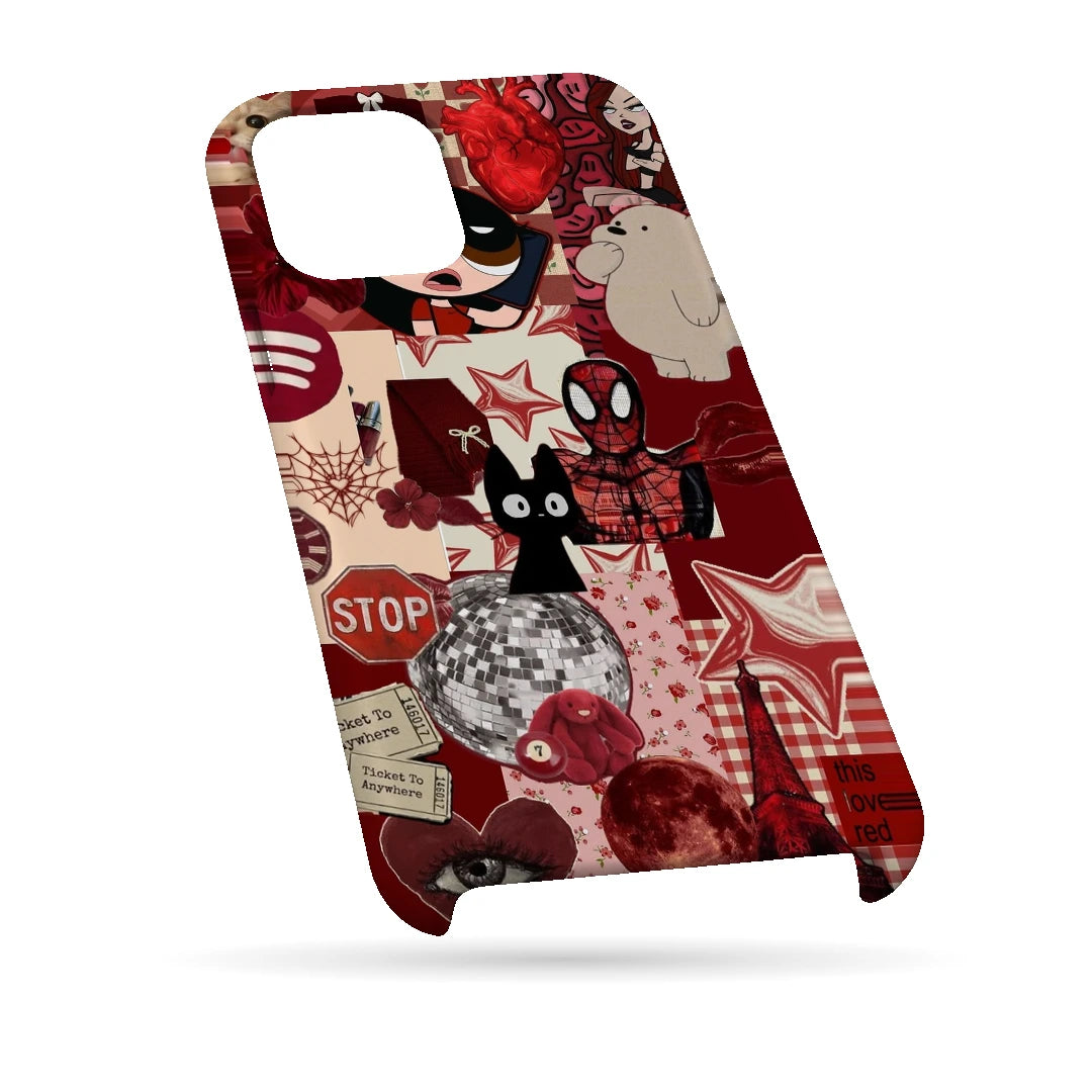 Red Comic Moodboard 3D Print iPhone 14 Phone Case, bottom view; red and cream comic graphics, character illustrations and collage details
