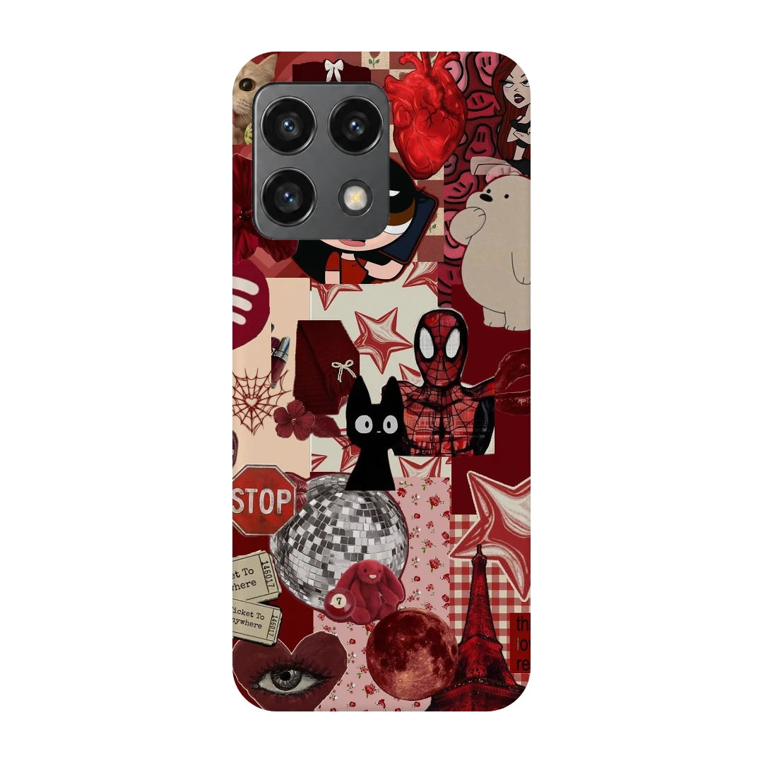 Red Comic Moodboard 3D Print OnePlus 10 Pro Phone Case, back view; red and cream comic graphics, character illustrations and collage details