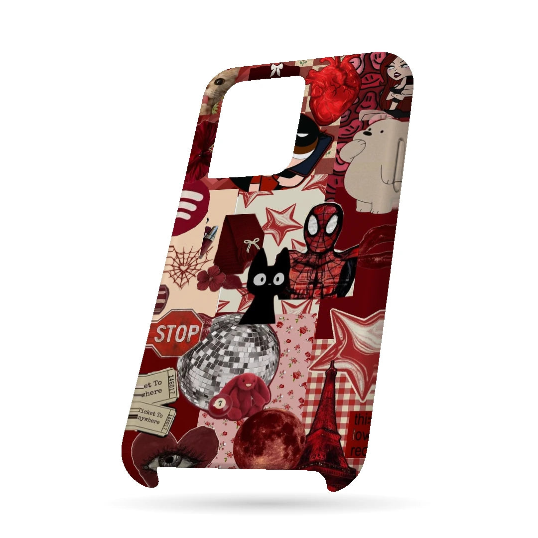 Red Comic Moodboard 3D Print OnePlus 10T Phone Case, bottom view; red and cream comic graphics, character illustrations and collage details