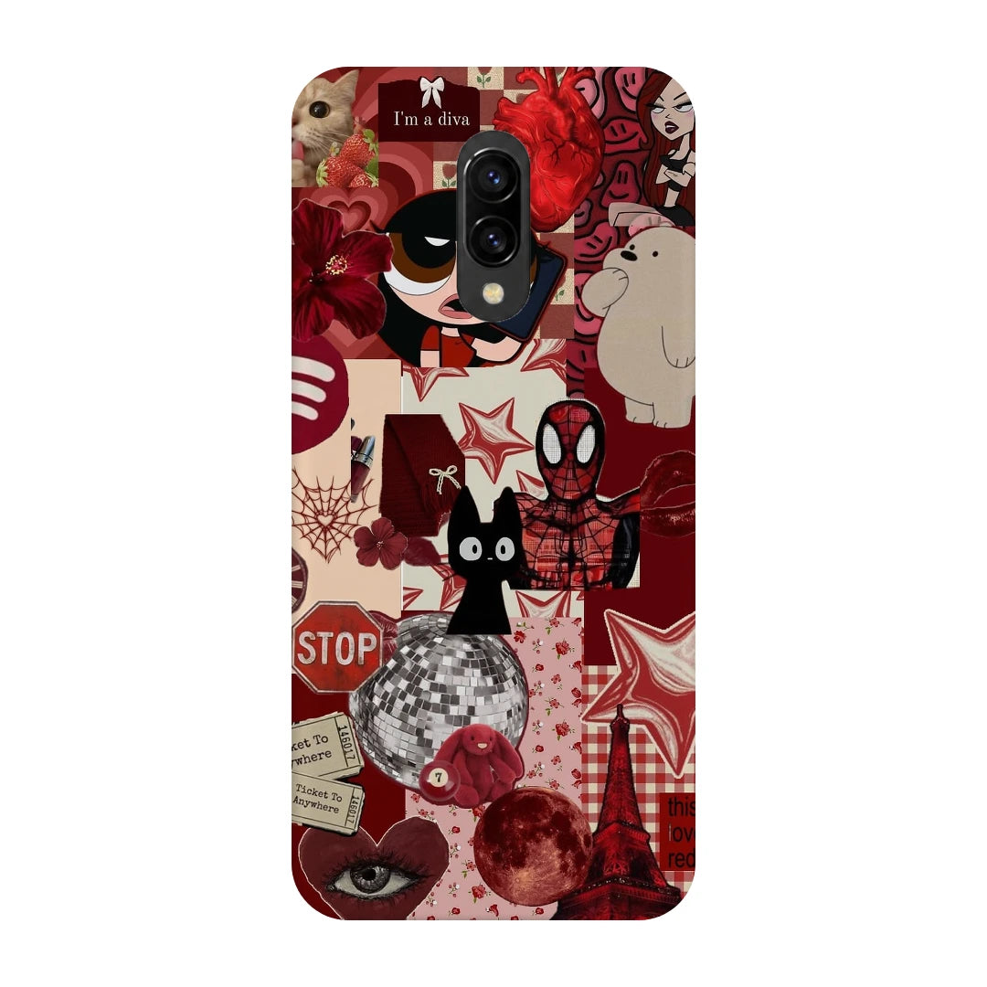 Red Comic Moodboard 3D Print OnePlus 7 Phone Case, back view; red and cream comic graphics, character illustrations and collage details