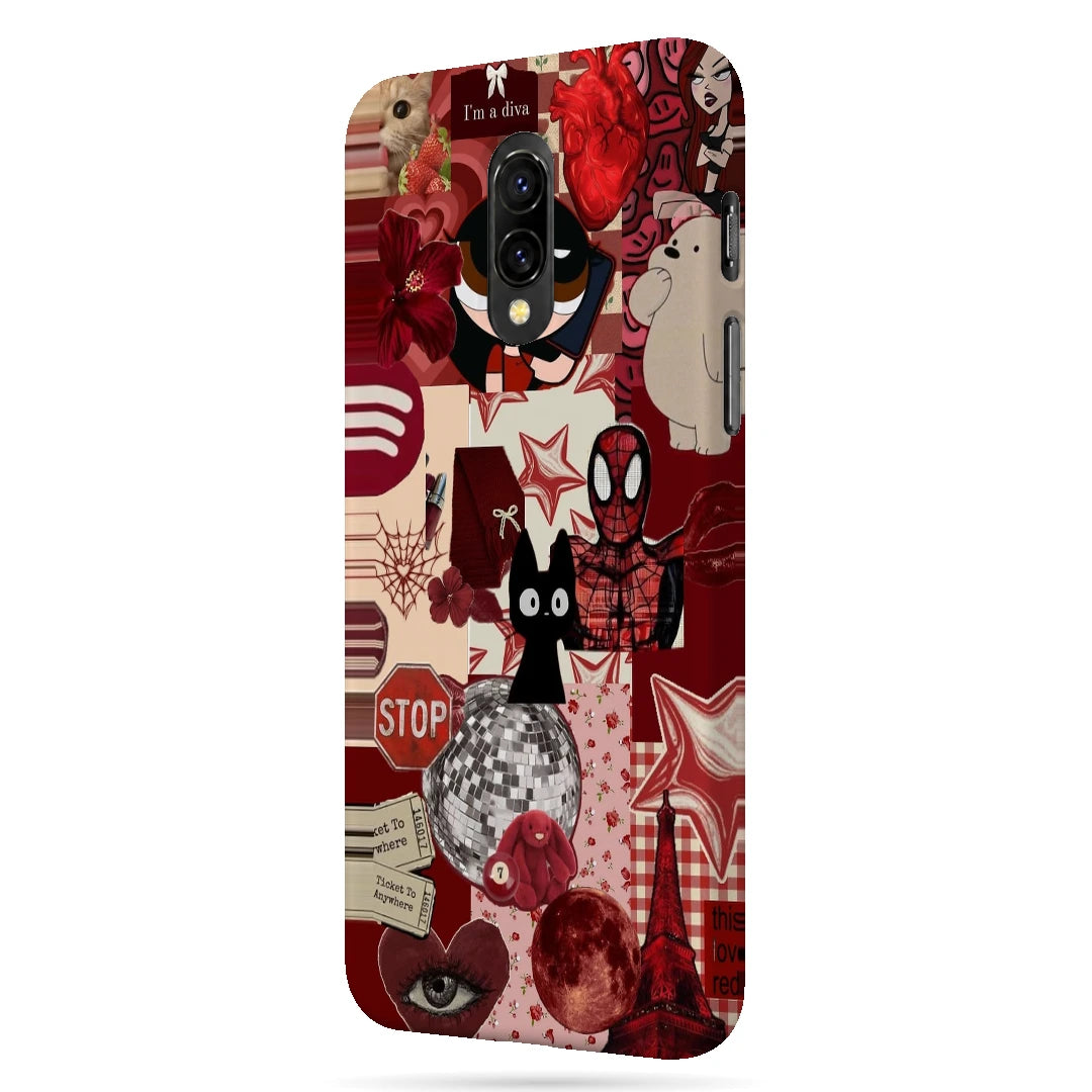 Red Comic Moodboard 3D Print OnePlus 7 Phone Case, right-side view; red and cream comic graphics, character illustrations and collage details