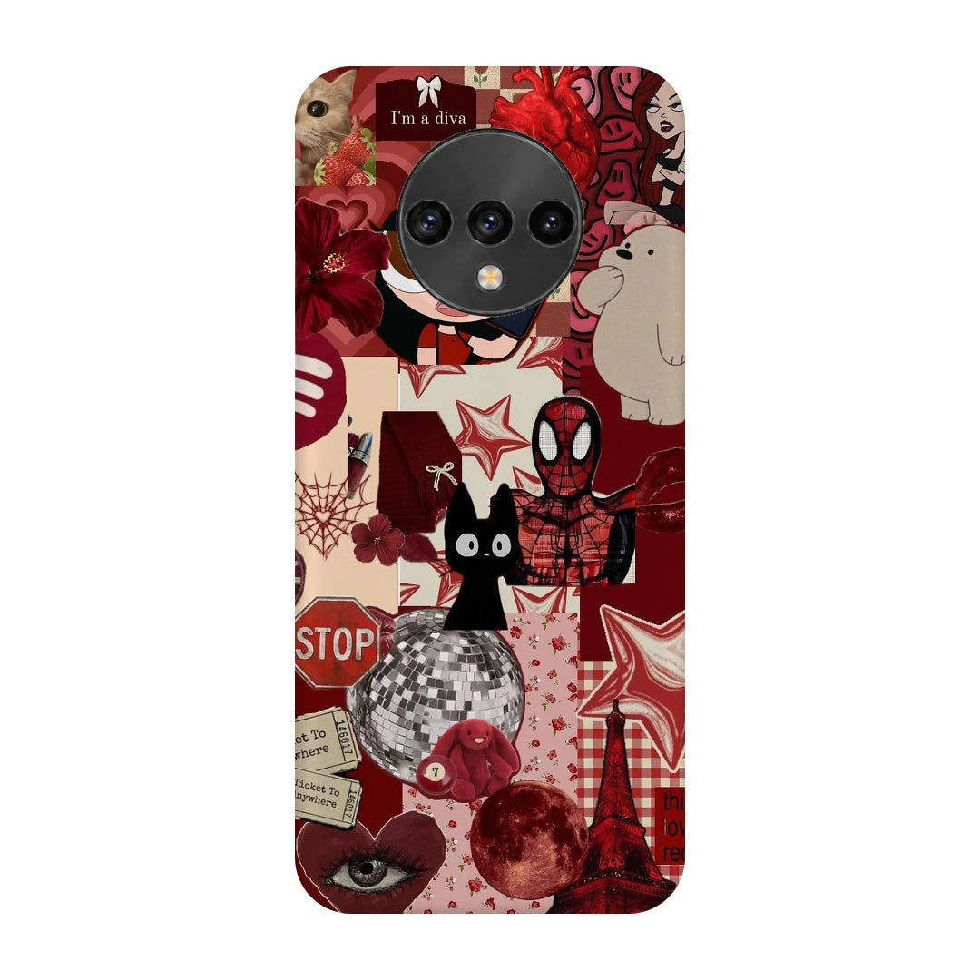 Red Comic Moodboard 3D Print OnePlus 7T Phone Case, back view; red and cream comic graphics, character illustrations and collage details