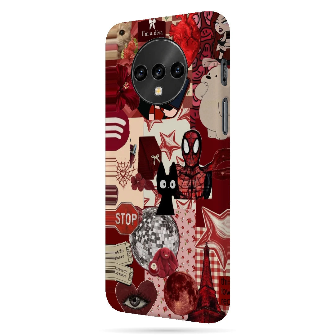 Red Comic Moodboard 3D Print OnePlus 7T Phone Case, right-side view; red and cream comic graphics, character illustrations and collage details