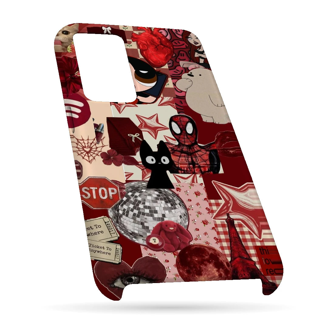 Red Comic Moodboard 3D Print OnePlus 8T Phone Case, bottom view; red and cream comic graphics, character illustrations and collage details