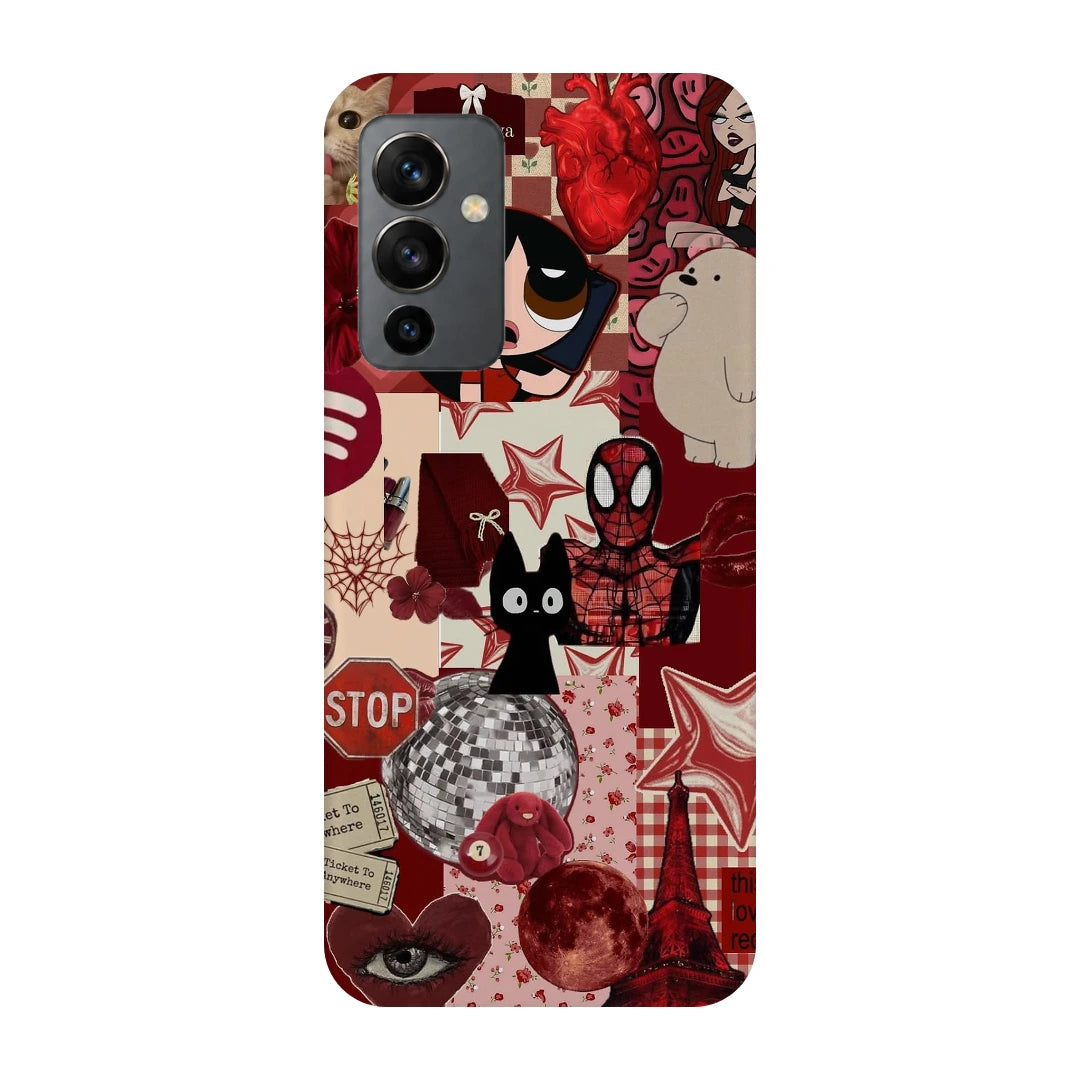 Red Comic Moodboard 3D Print OnePlus 9 Phone Case, back view; red and cream comic graphics, character illustrations and collage details