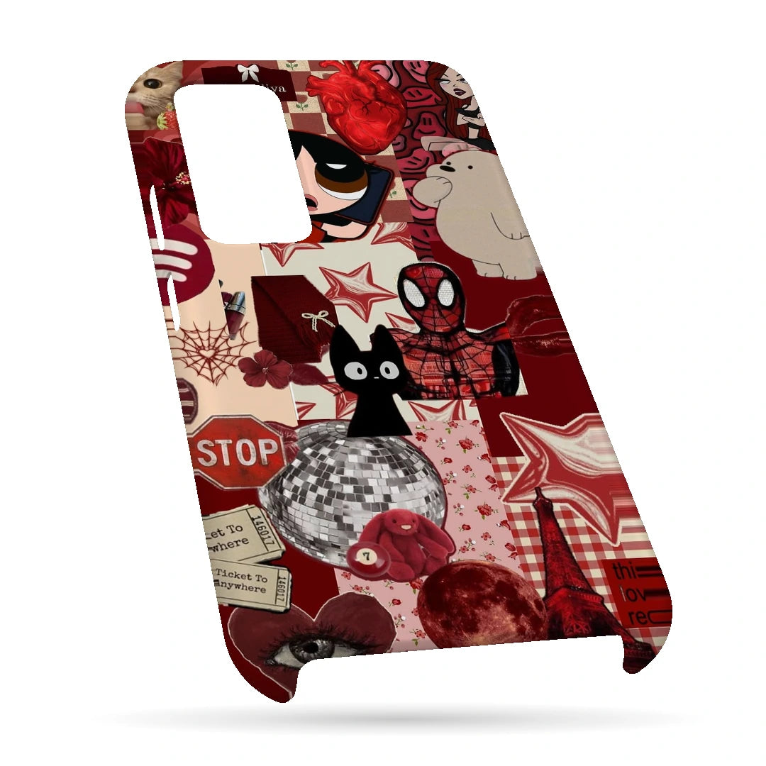 Red Comic Moodboard 3D Print OnePlus 9 Phone Case, bottom view; red and cream comic graphics, character illustrations and collage details
