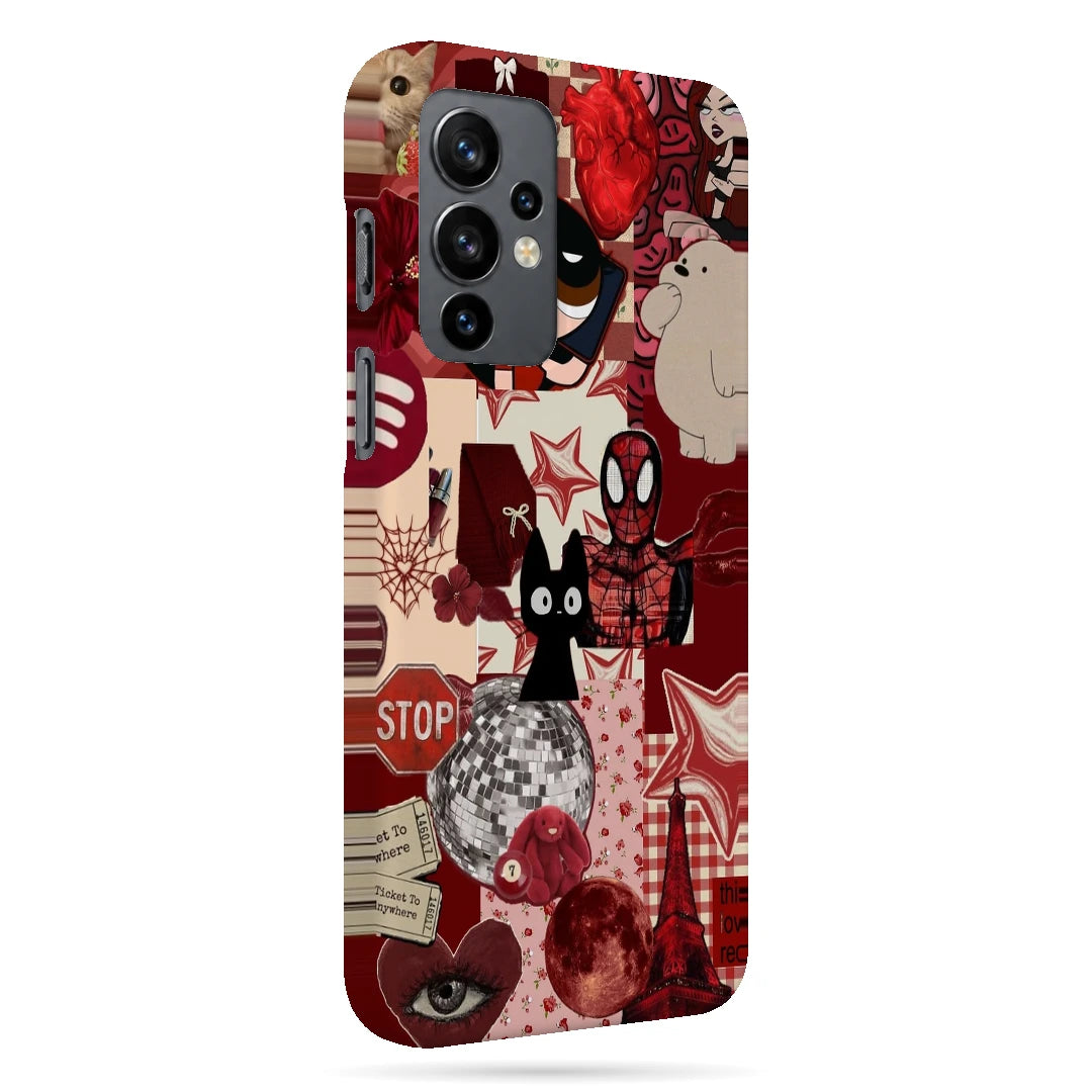 Red Comic Moodboard 3D Print OnePlus 9 Phone Case, right-side view; red and cream comic graphics, character illustrations and collage details