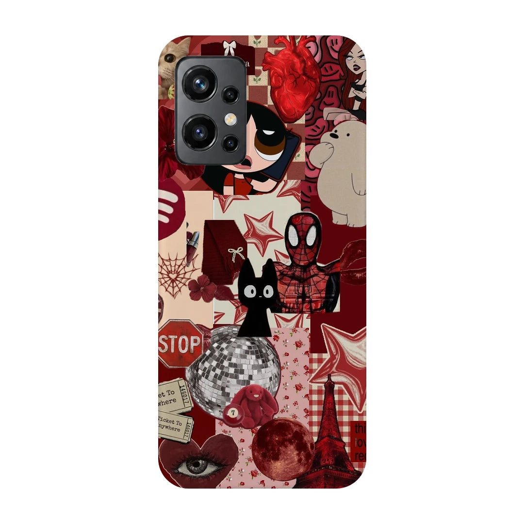 Red Comic Moodboard 3D Print OnePlus 9R Phone Case, back view; red and cream comic graphics, character illustrations and collage details
