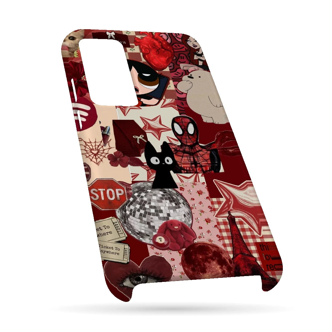 Red Comic Moodboard 3D Print OnePlus 9RT Phone Case, bottom view; red and cream comic graphics, character illustrations and collage details