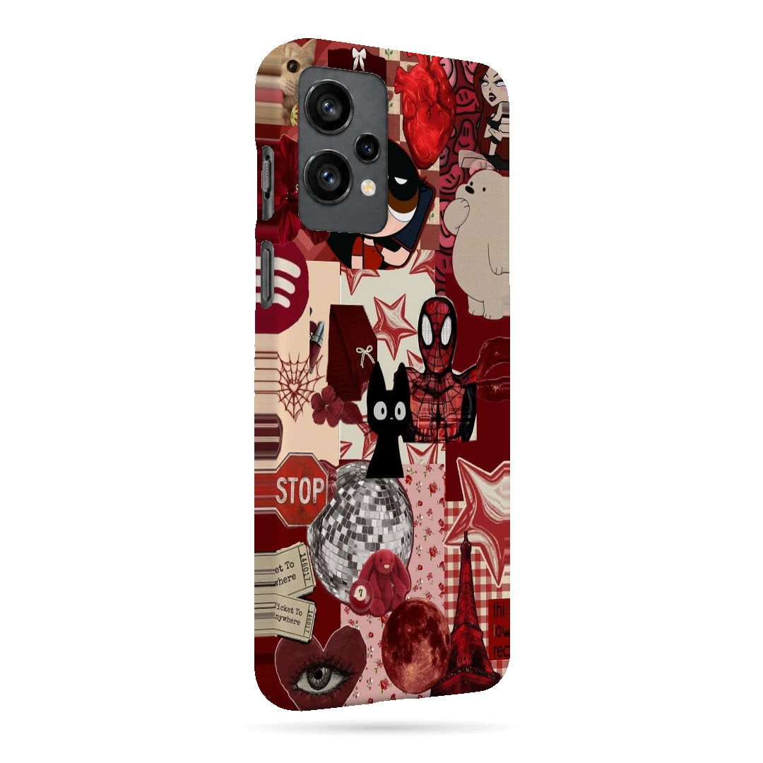 Red Comic Moodboard 3D Print OnePlus 9RT Phone Case, right-side view; red and cream comic graphics, character illustrations and collage details