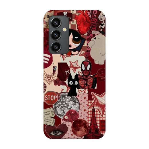 Red Comic Moodboard 3D Print Samsung S23 FE Phone Case, back view; red and cream comic graphics, character illustrations and collage details