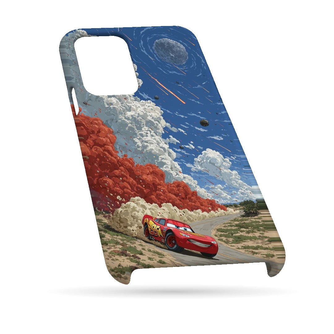 Red Sports Car Sky 3D Print iPhone 13 Pro Max Phone Case, bottom view; a red sports car beneath a dramatic blue sky and white clouds