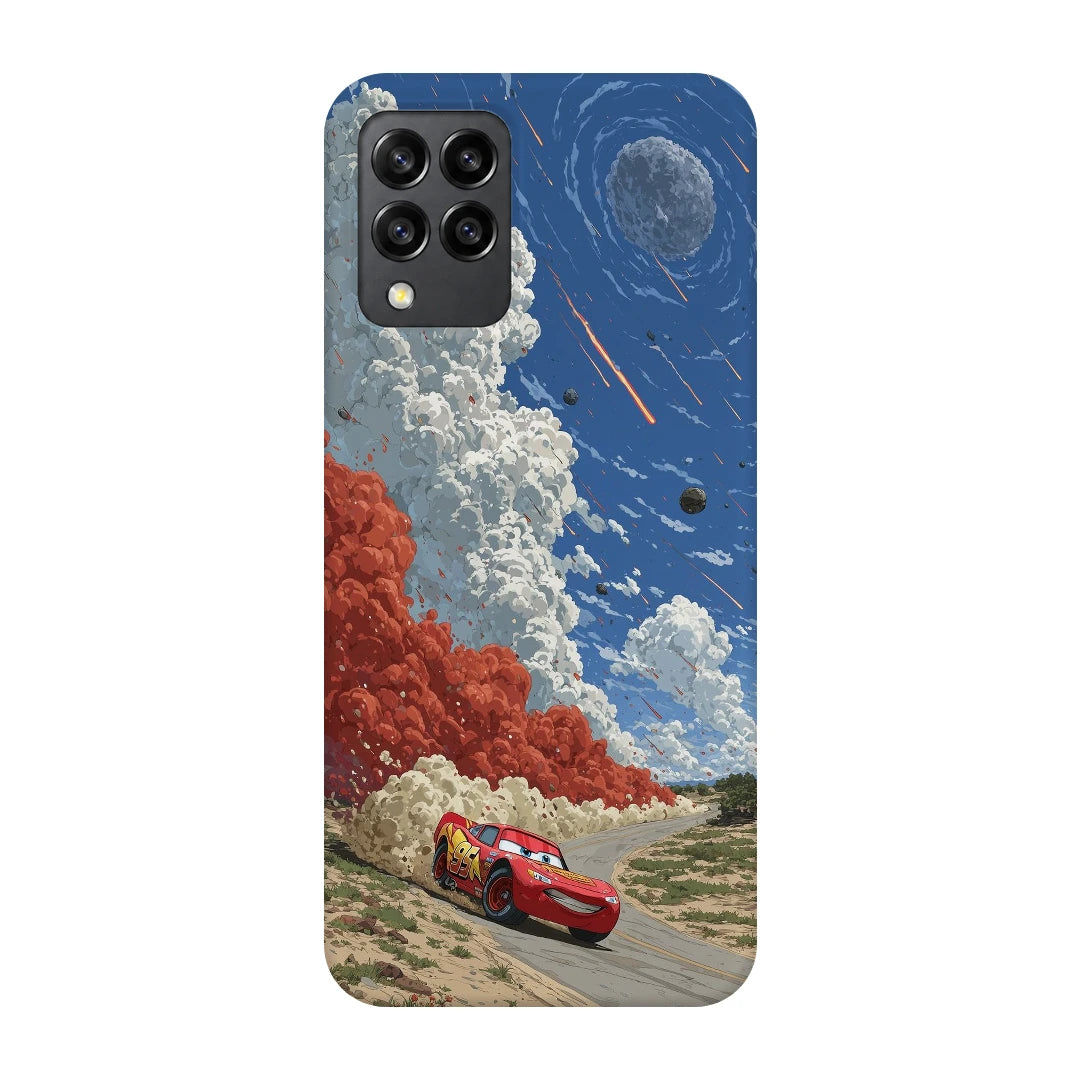 Red Sports Car Sky 3D Print Samsung M32 4G Phone Case, back view; a red sports car beneath a dramatic blue sky and white clouds
