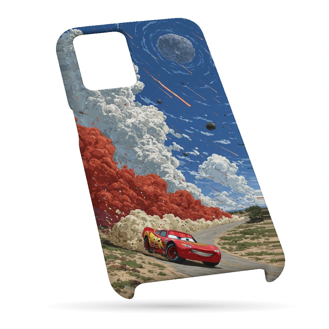Red Sports Car Sky 3D Print Samsung M32 4G Phone Case, bottom view; a red sports car beneath a dramatic blue sky and white clouds