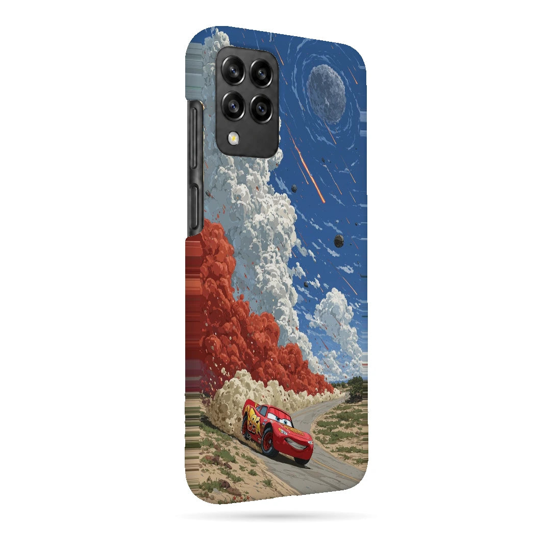 Red Sports Car Sky 3D Print Samsung M32 4G Phone Case, right-side view; a red sports car beneath a dramatic blue sky and white clouds