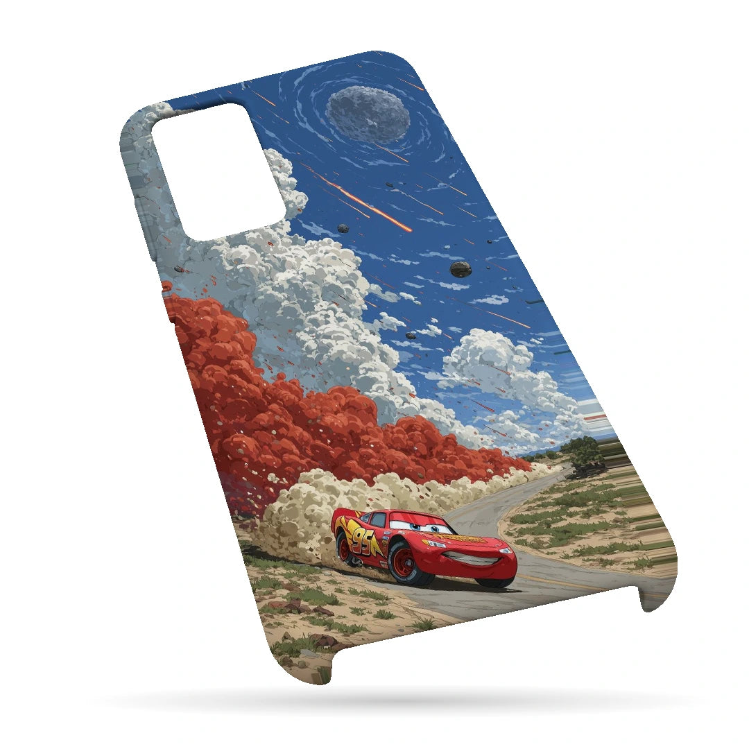 Red Sports Car Sky 3D Print Samsung Note 20 Phone Case, bottom view; a red sports car beneath a dramatic blue sky and white clouds