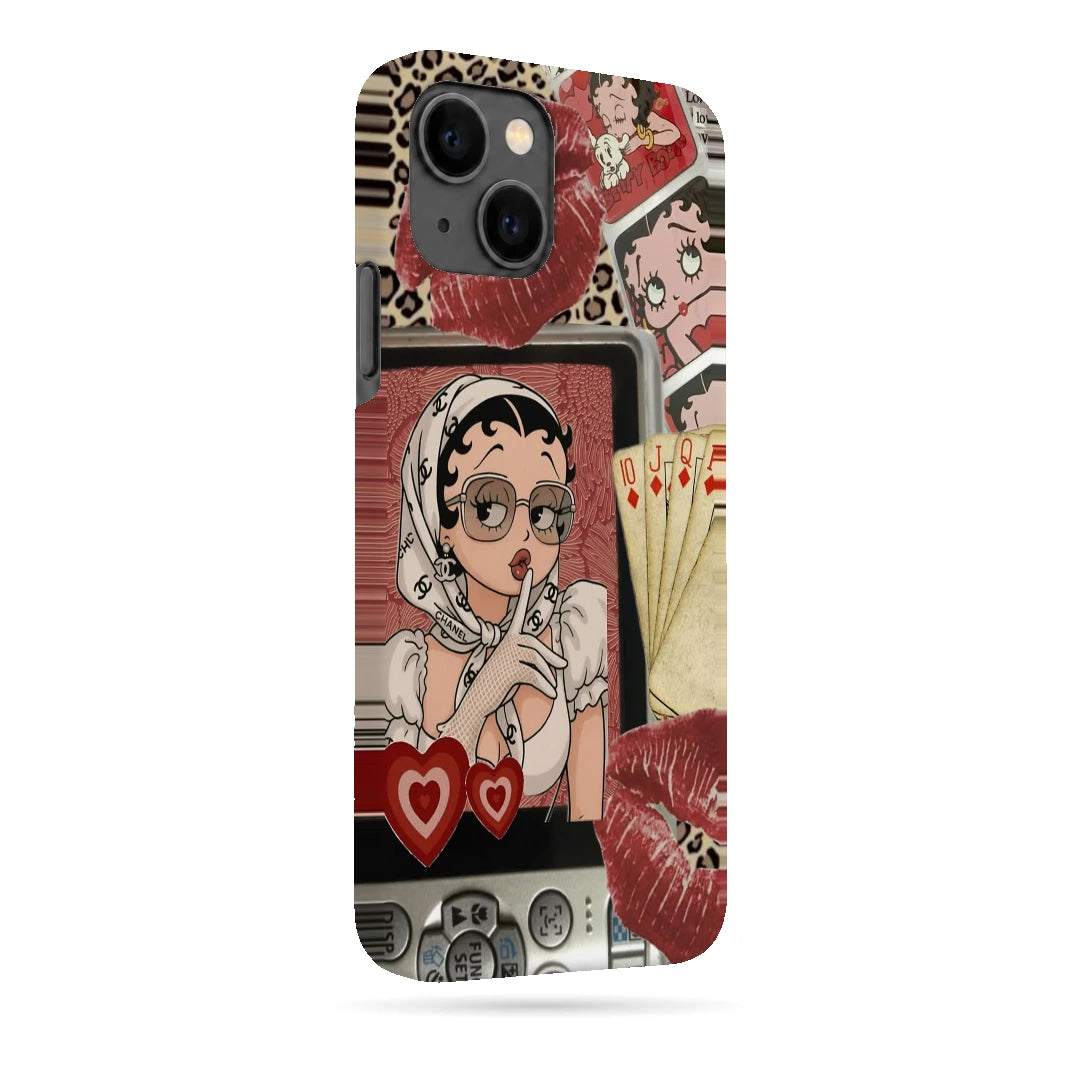 Retro Cartoon Girl 3D Print iPhone 13 Phone Case, right-side view; a retro cartoon girl with red lips, hearts and vintage collage details