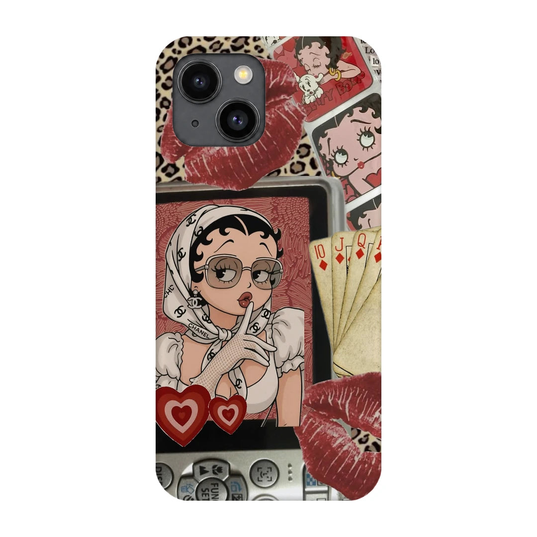 Retro Cartoon Girl 3D Print iPhone 14 Phone Case, back view; a retro cartoon girl with red lips, hearts and vintage collage details
