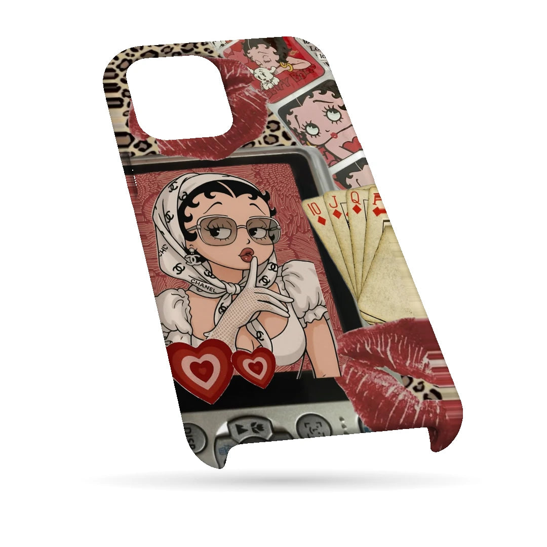 Retro Cartoon Girl 3D Print iPhone 14 Phone Case, bottom view; a retro cartoon girl with red lips, hearts and vintage collage details