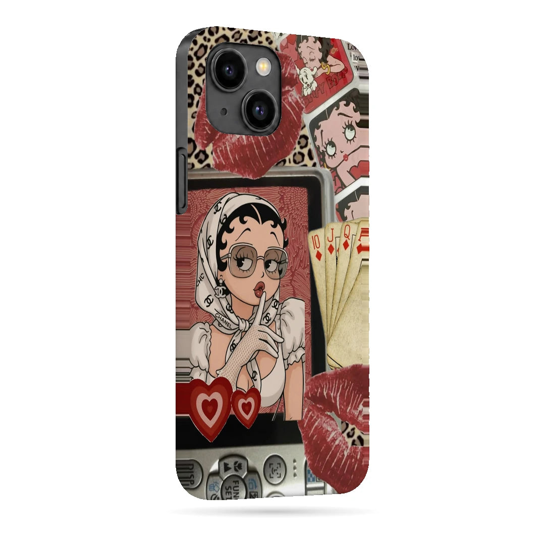 Retro Cartoon Girl 3D Print iPhone 14 Phone Case, right-side view; a retro cartoon girl with red lips, hearts and vintage collage details