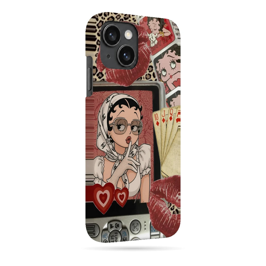 Retro Cartoon Girl 3D Print iPhone 15 Phone Case, right-side view; a retro cartoon girl with red lips, hearts and vintage collage details