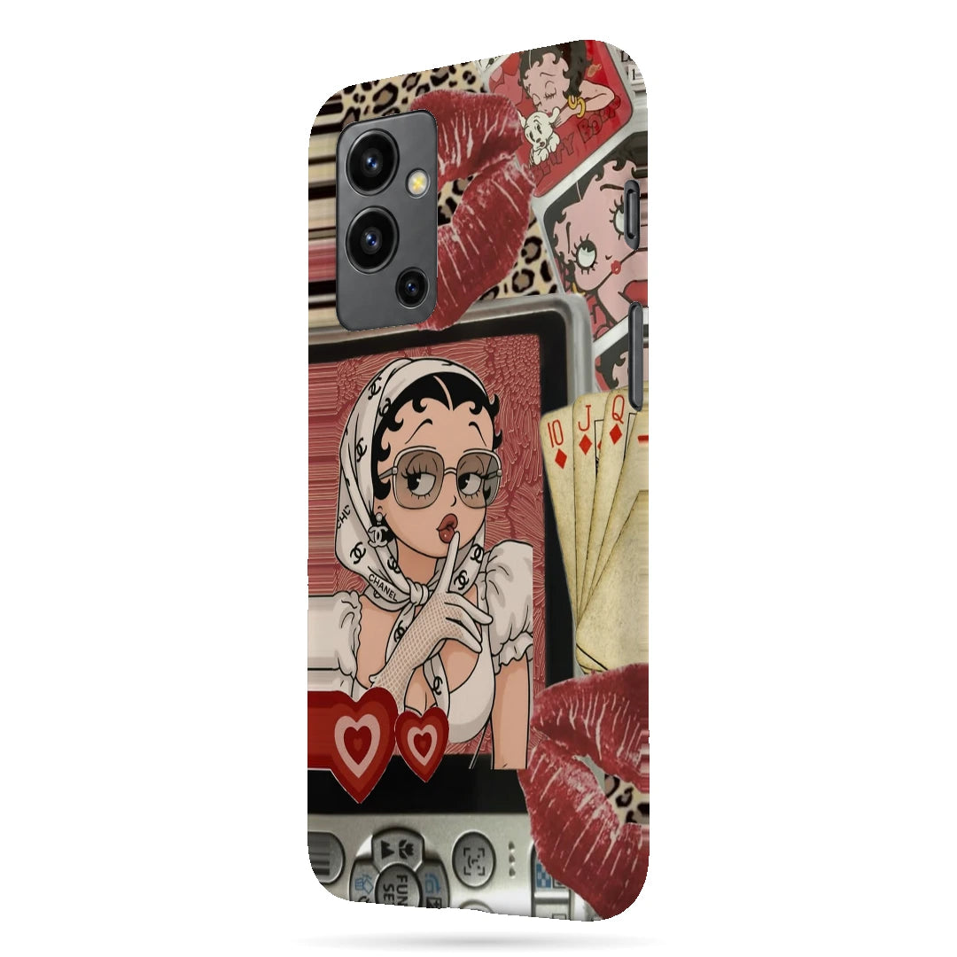 Retro Cartoon Girl 3D Print OnePlus Nord 2 Phone Case, right-side view; a retro cartoon girl with red lips, hearts and vintage collage details