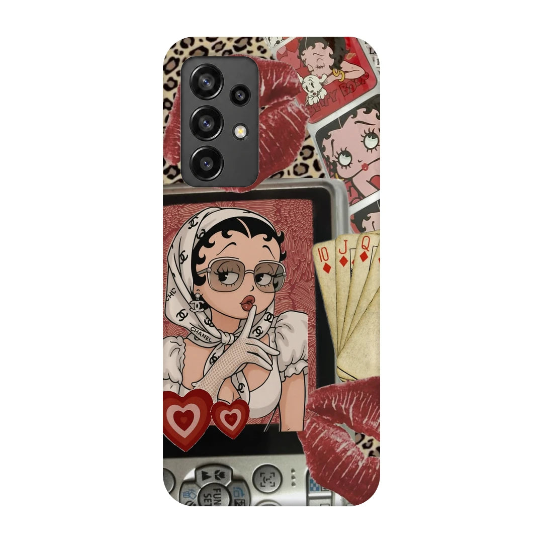 Retro Cartoon Girl 3D Print Samsung A32 5G Phone Case, back view; a retro cartoon girl with red lips, hearts and vintage collage details
