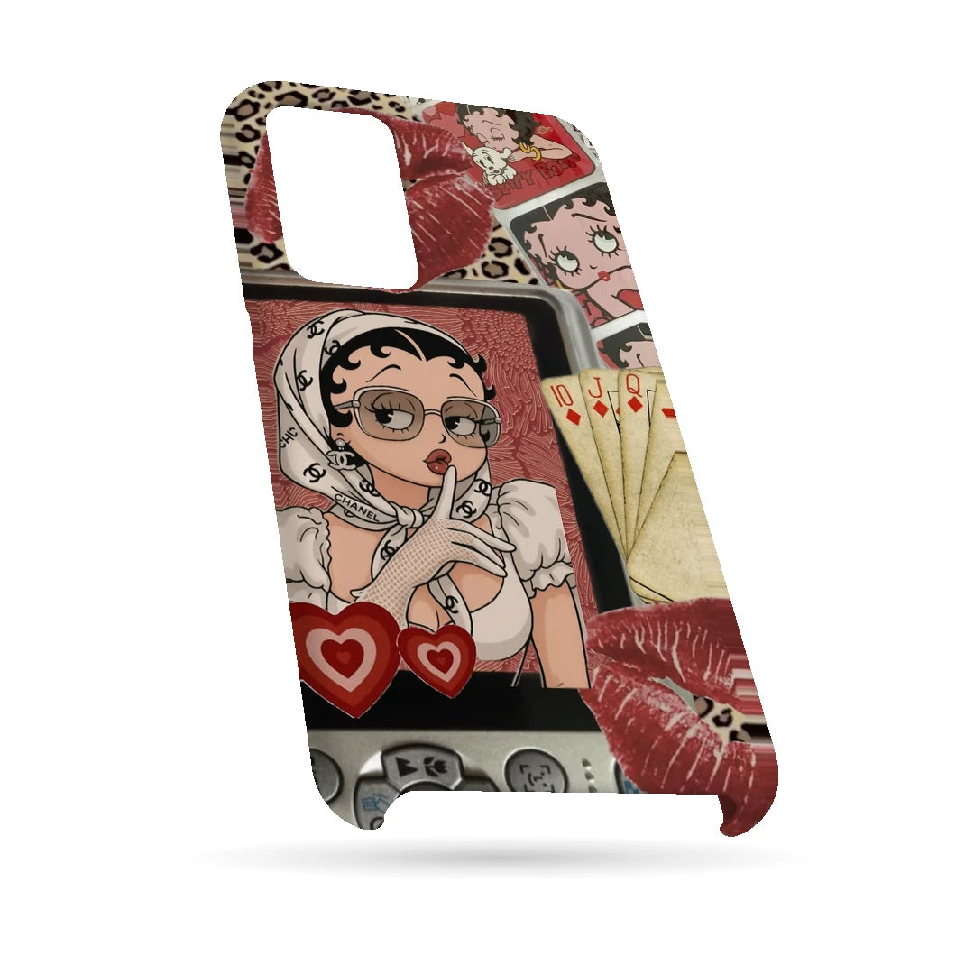Retro Cartoon Girl 3D Print Samsung A32 5G Phone Case, bottom view; a retro cartoon girl with red lips, hearts and vintage collage details