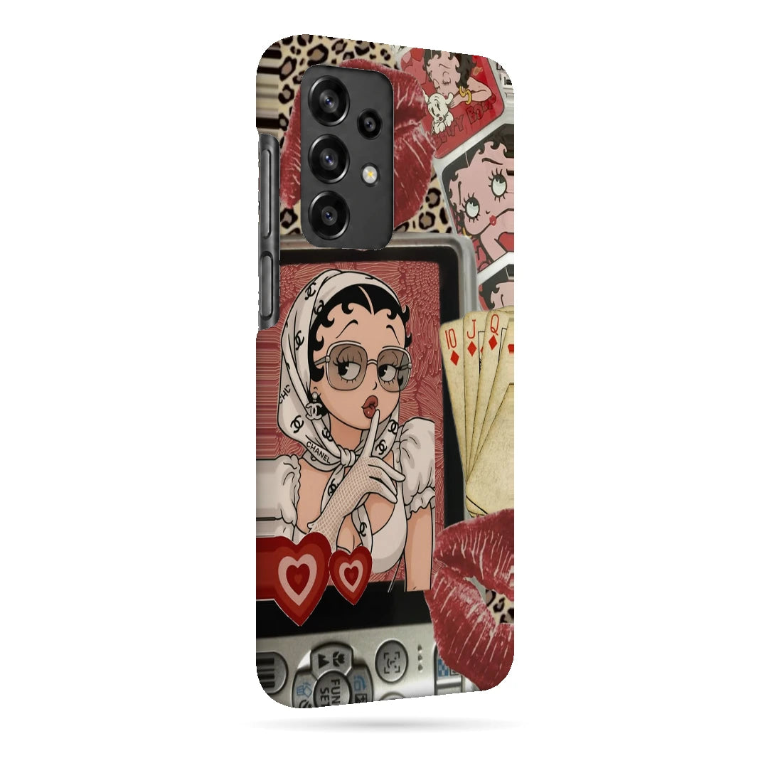 Retro Cartoon Girl 3D Print Samsung A32 5G Phone Case, right-side view; a retro cartoon girl with red lips, hearts and vintage collage details