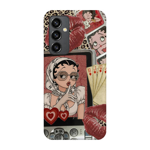 Retro Cartoon Girl 3D Print Samsung S23 FE Phone Case, back view; a retro cartoon girl with red lips, hearts and vintage collage details